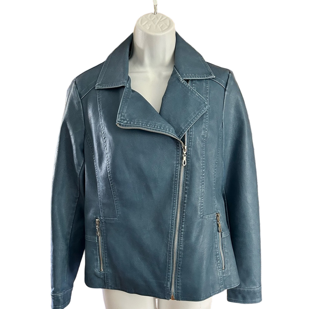 CLEO Blue Vegan Leather Moto Cut Jacket S - Picture 3 of 11